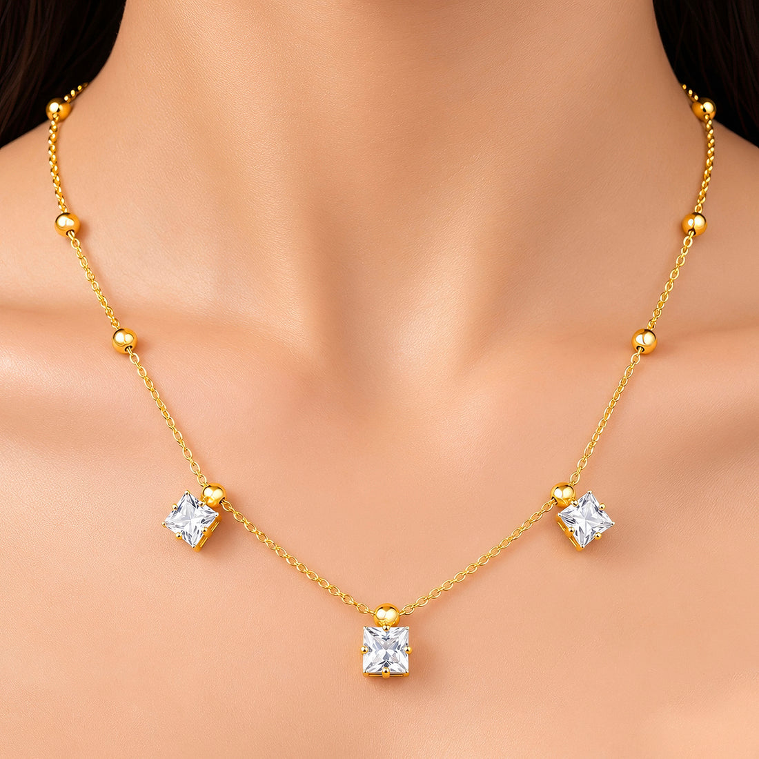 PRAO Necklace Anti-Tarnish Square Crystal Station