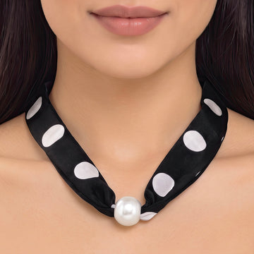 PRAO Necklace Black White Polka Dot Pearl Ribbon