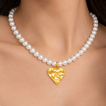 PRAO Necklace Anti-Tarnish White Pearl Hammered Heart Pendant