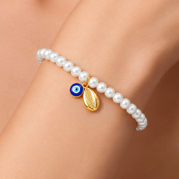 PRAO Bracelet Anti-Tarnish White Pearl Evil Eye Cowrie Shell (Adjustable Size)