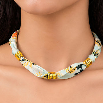 PRAO Necklace Anti-Tarnish Light Green Patterned Fabric Choker