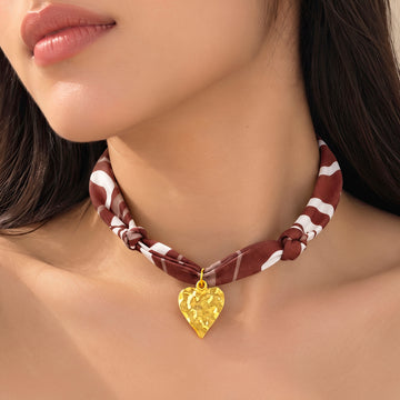 PRAO Necklace Anti-Tarnish Burgundy White Scarf Heart Pendant