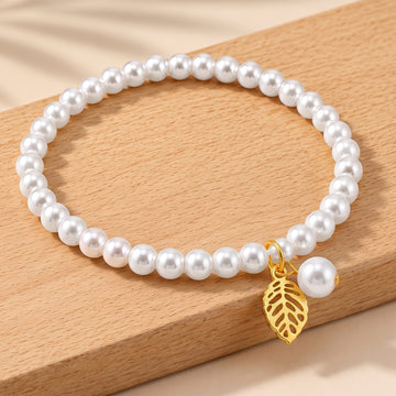 PRAO Bracelet Anti-Tarnish Pearl Leaf Charm (Adjustable Size)