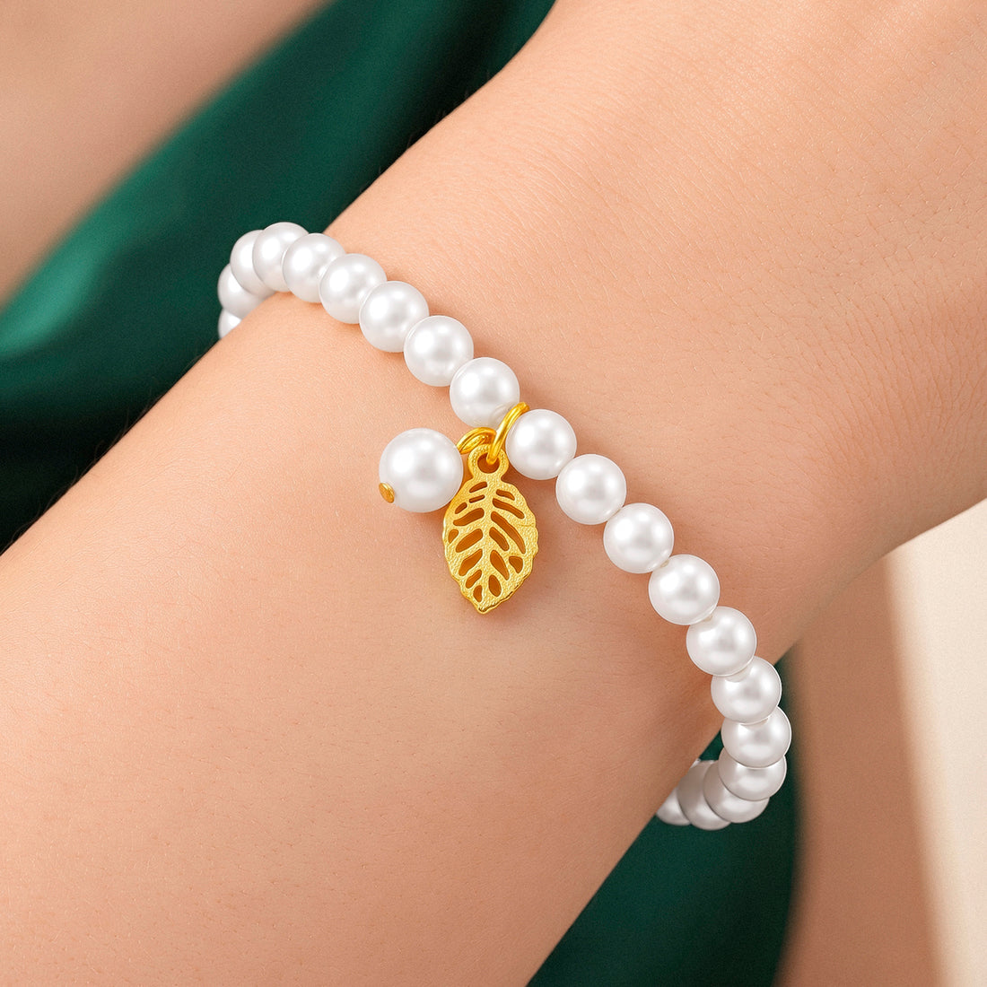 PRAO Bracelet Anti-Tarnish Pearl Leaf Charm (Adjustable Size)