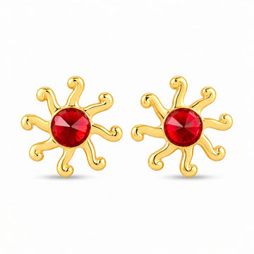 PRAO Earrings Anti-Tarnish Red Crystal Sunburst Stud