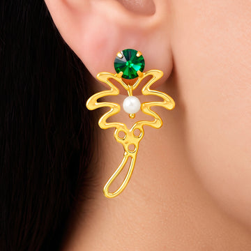 PRAO Earrings Anti-Tarnish Palm Tree Pearl Emerald Dangle