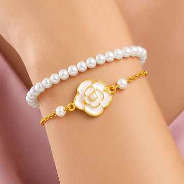 PRAO Bracelet Anti-Tarnish Pearl Camellia Layered (Adjustable Size)