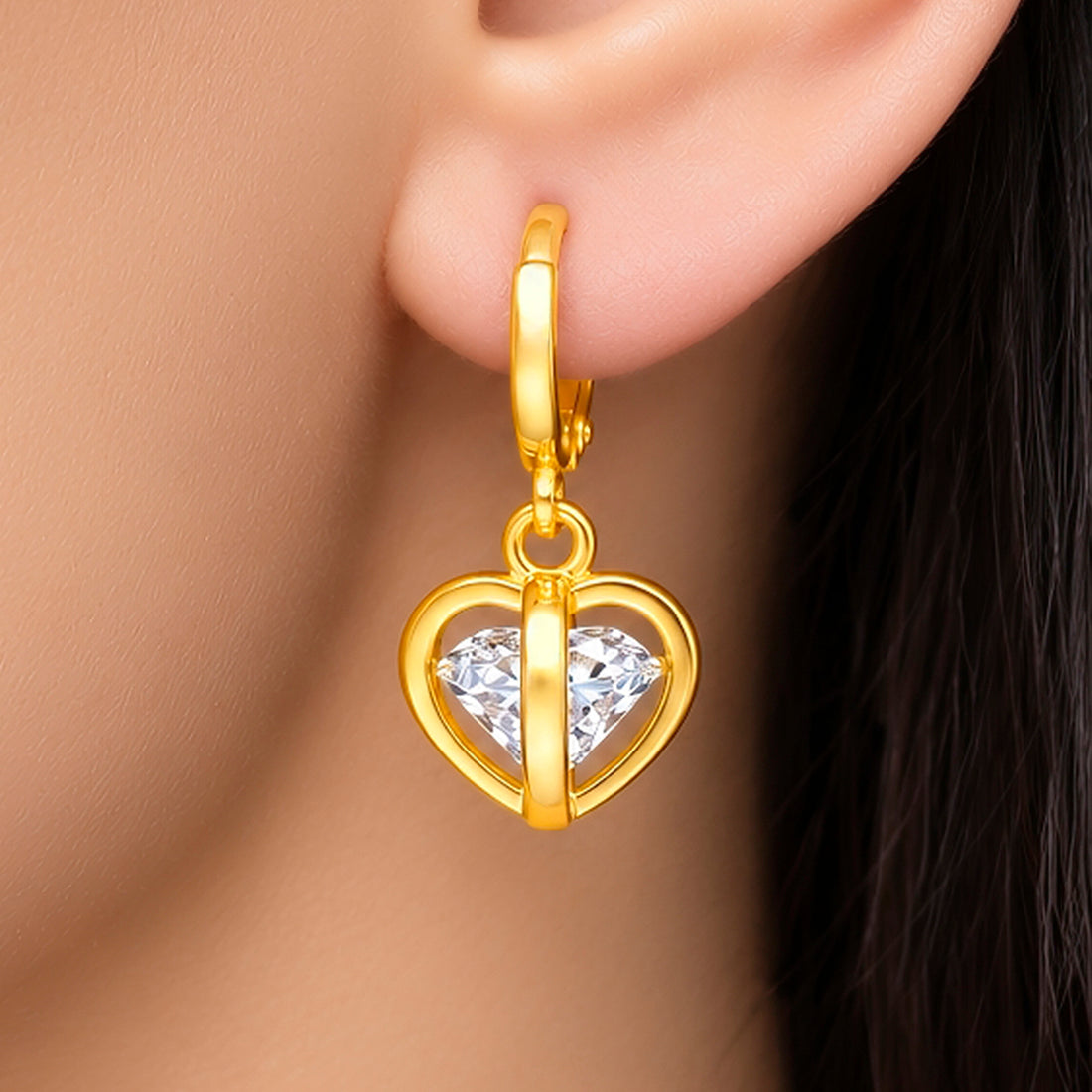 PRAO Earrings Anti-Tarnish Cage Heart Crystal Dangle