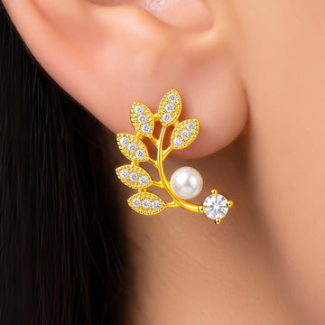 PRAO Earrings Anti-Tarnish Crystal Leaf Pearl Ear Climber