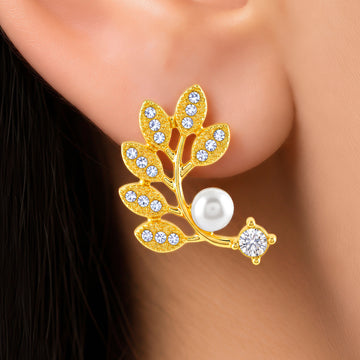 PRAO Earrings Anti-Tarnish Crystal Leaf Pearl Ear Climber