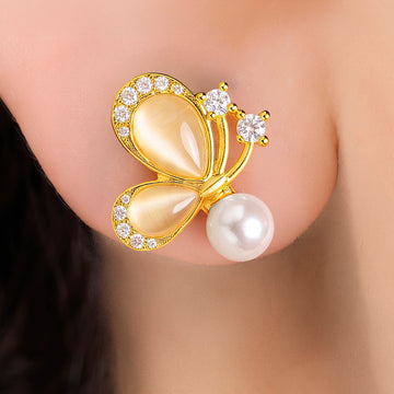 PRAO Earrings Anti-Tarnish Cat Eye Butterfly Pearl