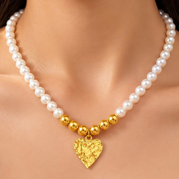 PRAO Necklace Anti-Tarnish Pearl Gold Bead Textured Heart