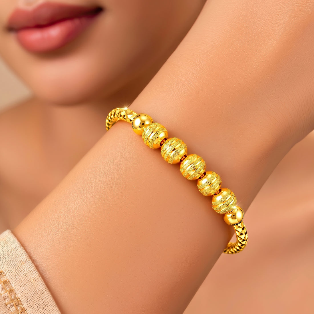 PRAO Bracelet Anti-Tarnish Textured Spherical Beads (Adjustable Size)