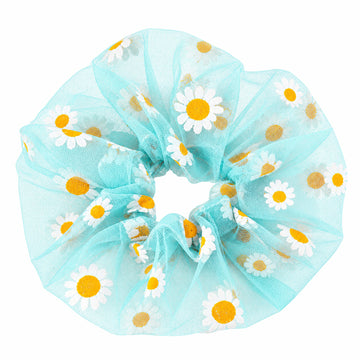 PRAO Scrunchie Light Blue White Daisy Pattern