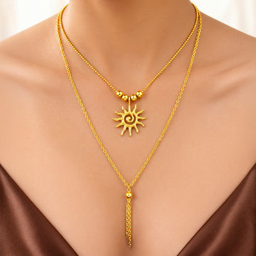 PRAO Necklace Anti-Tarnish Layered Sun Tassel Pendant