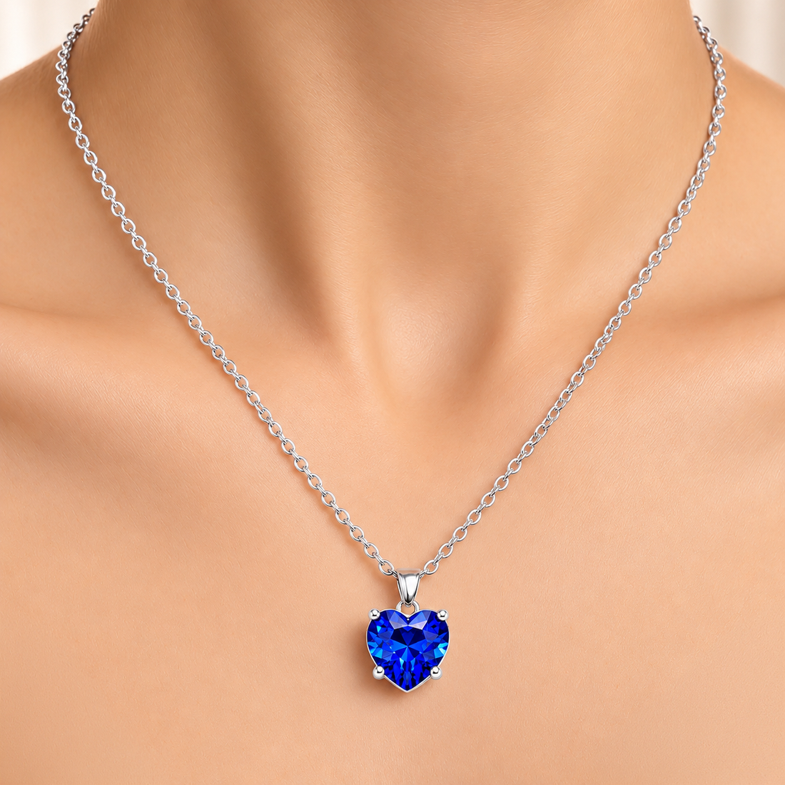 PRAO Necklace Anti-Tarnish Blue Crystal Heart Pendant