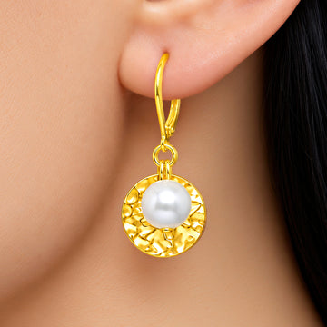 PRAO Earrings Anti-Tarnish Pearl Hammered Coin Drop