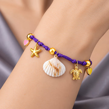 PRAO Bracelet Purple Cord Seashell Starfish Charm (Adjustable Size)