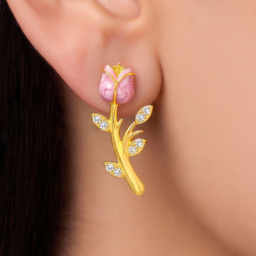 PRAO Earrings Anti-Tarnish Tulip Pink Enamel Crystal