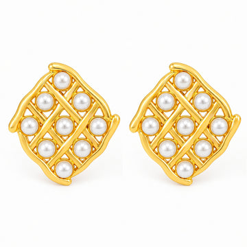 PRAO Earrings Anti-Tarnish Diamond Lattice Pearl Stud