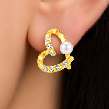 PRAO Earrings Anti-Tarnish Heart Crystal Pearl Hoop