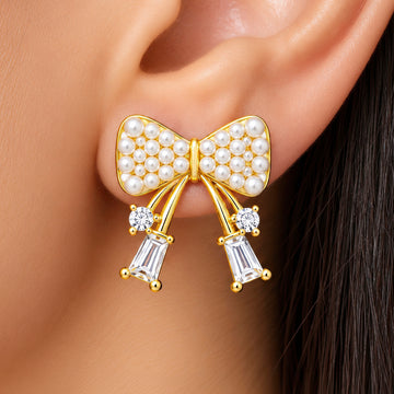 PRAO Earrings Anti-Tarnish Bow Pearl Crystal Drop