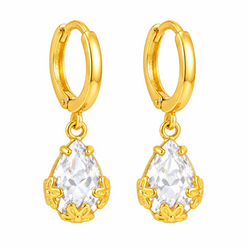 PRAO Earrings Anti-Tarnish Floral Prong Teardrop Crystal