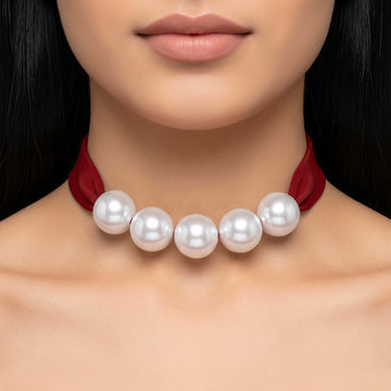 PRAO Necklace Pearl Red Ribbon Tie