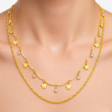 PRAO Necklace Anti-Tarnish Layered Butterfly Curb Chain