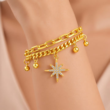 PRAO Bracelet Anti-Tarnish Double Chain Starburst (Adjustable Size)