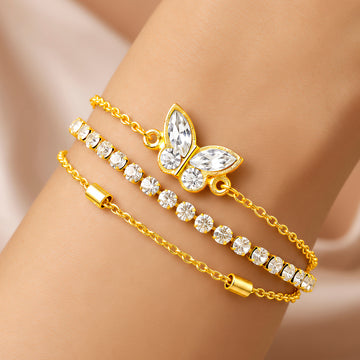 PRAO Bracelet Anti-Tarnish Butterfly Crystal Tennis Chain Set (Adjustable Size)