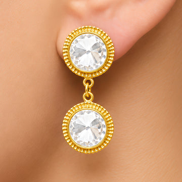 PRAO Earrings Anti-Tarnish Double Round Crystal Bezel Drop