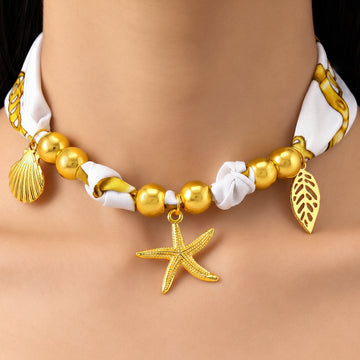 PRAO Scarf Necklace White Gold Patterned Ribbon Seashell Starfish Leaf Charms