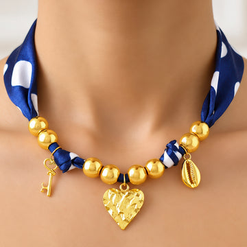 PRAO Scarf Necklace Navy Blue Polka Dot Ribbon Key Heart Cowrie Shell Charms