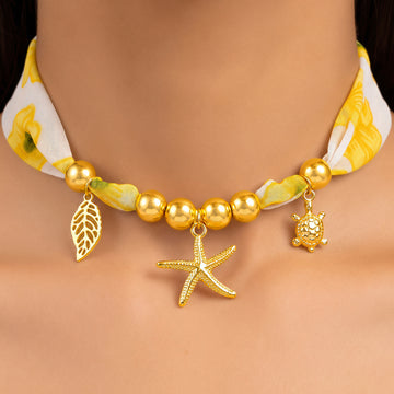 PRAO Scarf Necklace Yellow Floral Ribbon Leaf Starfish Sea Turtle Charms