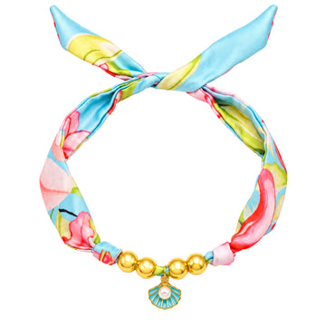 PRAO Scarf Necklace Colorful Patterned Silk Ribbon Blue Enamel Seashell Charm