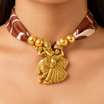 PRAO Scarf Necklace Lord Krishna Pendant Patterned Ribbon