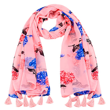 PRAO Scarf Pink Blue Coral Hydrangea Floral Pattern Tassels