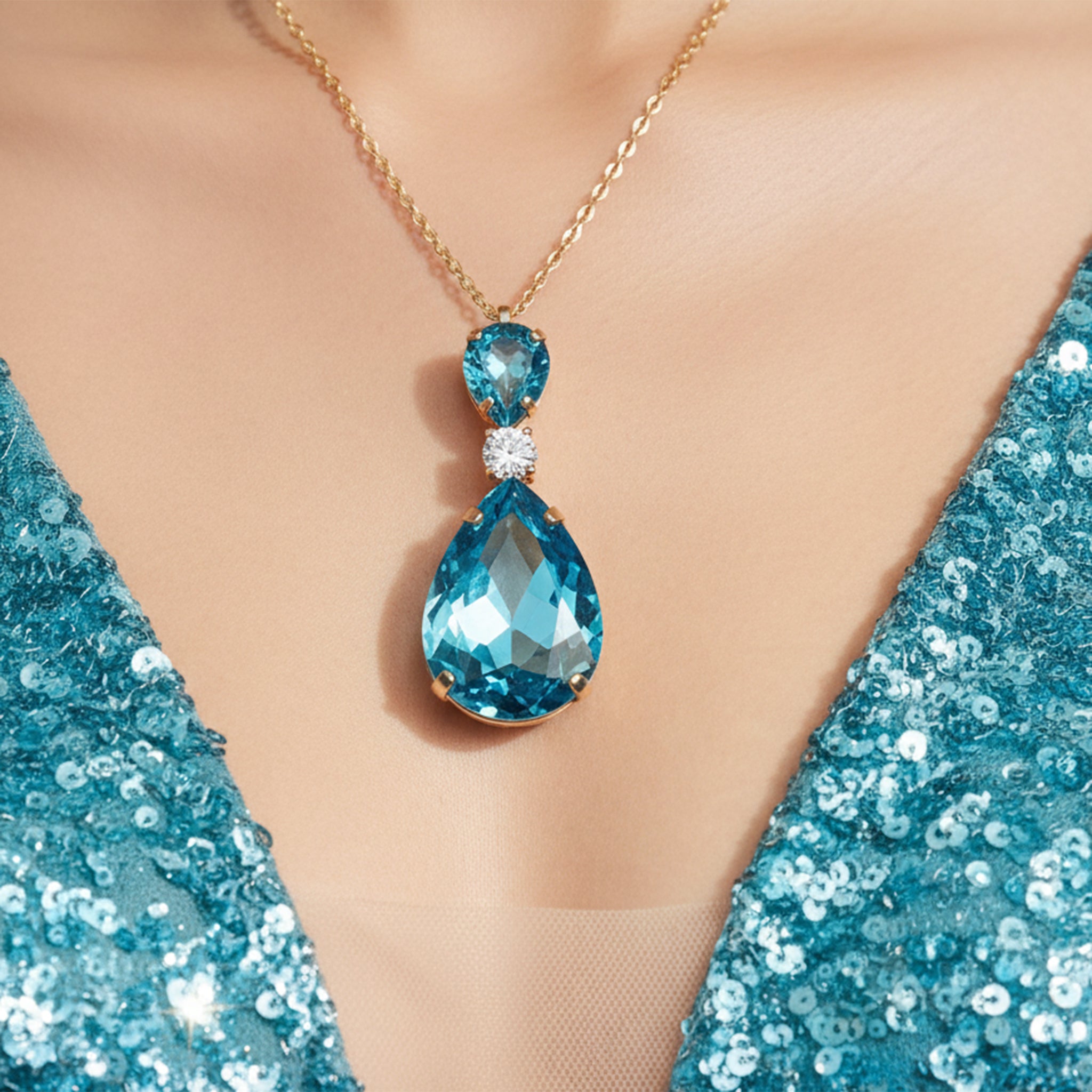 PRAO Anti-Tarnish Aquamarine Drop Crystal Pendant Necklace