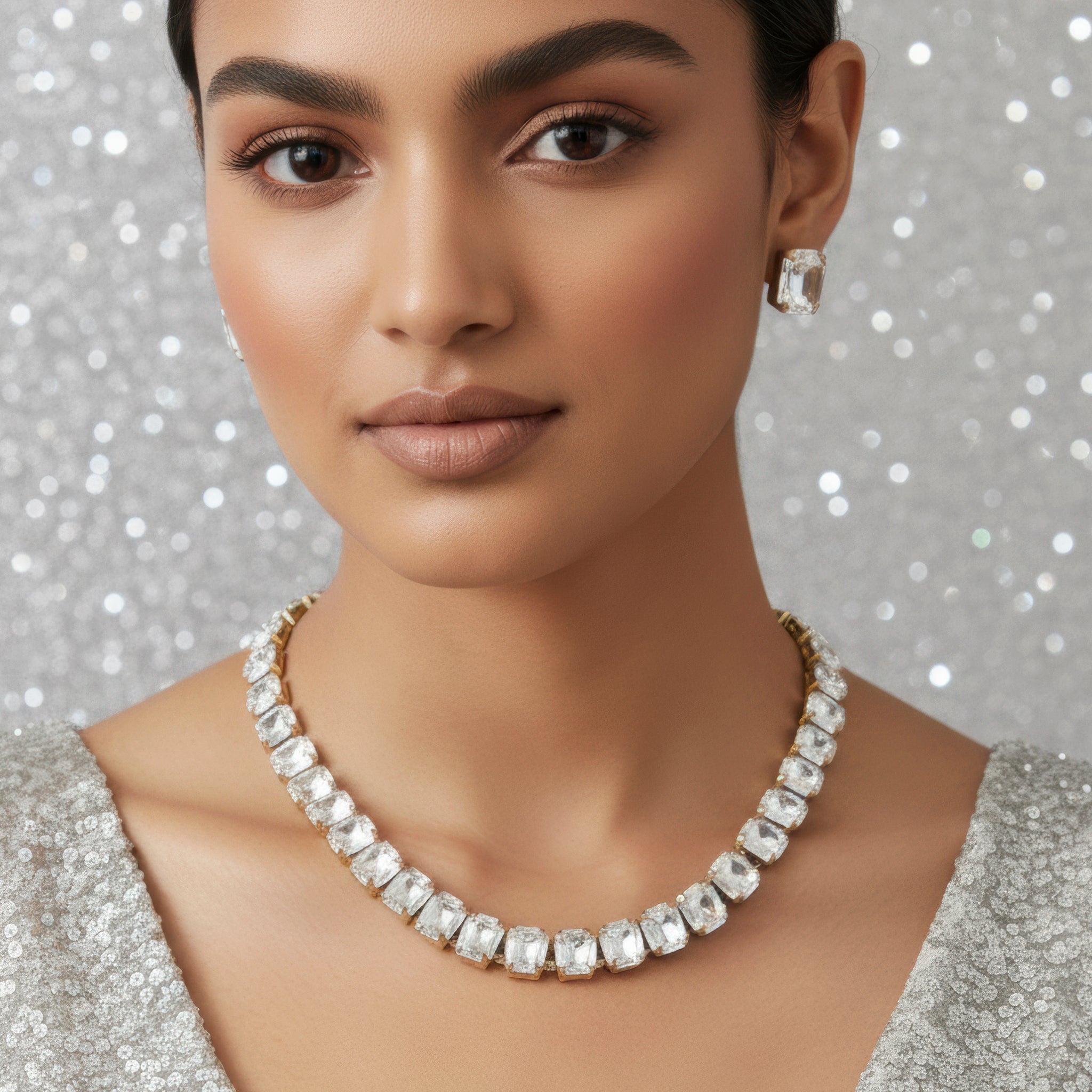 PRAO Anti-Tarnish Single-Line Crystal Necklace Set with Earrings