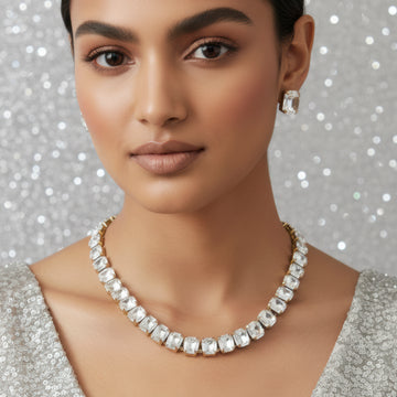 PRAO Anti-Tarnish Single-Line Crystal Necklace Set with Earrings
