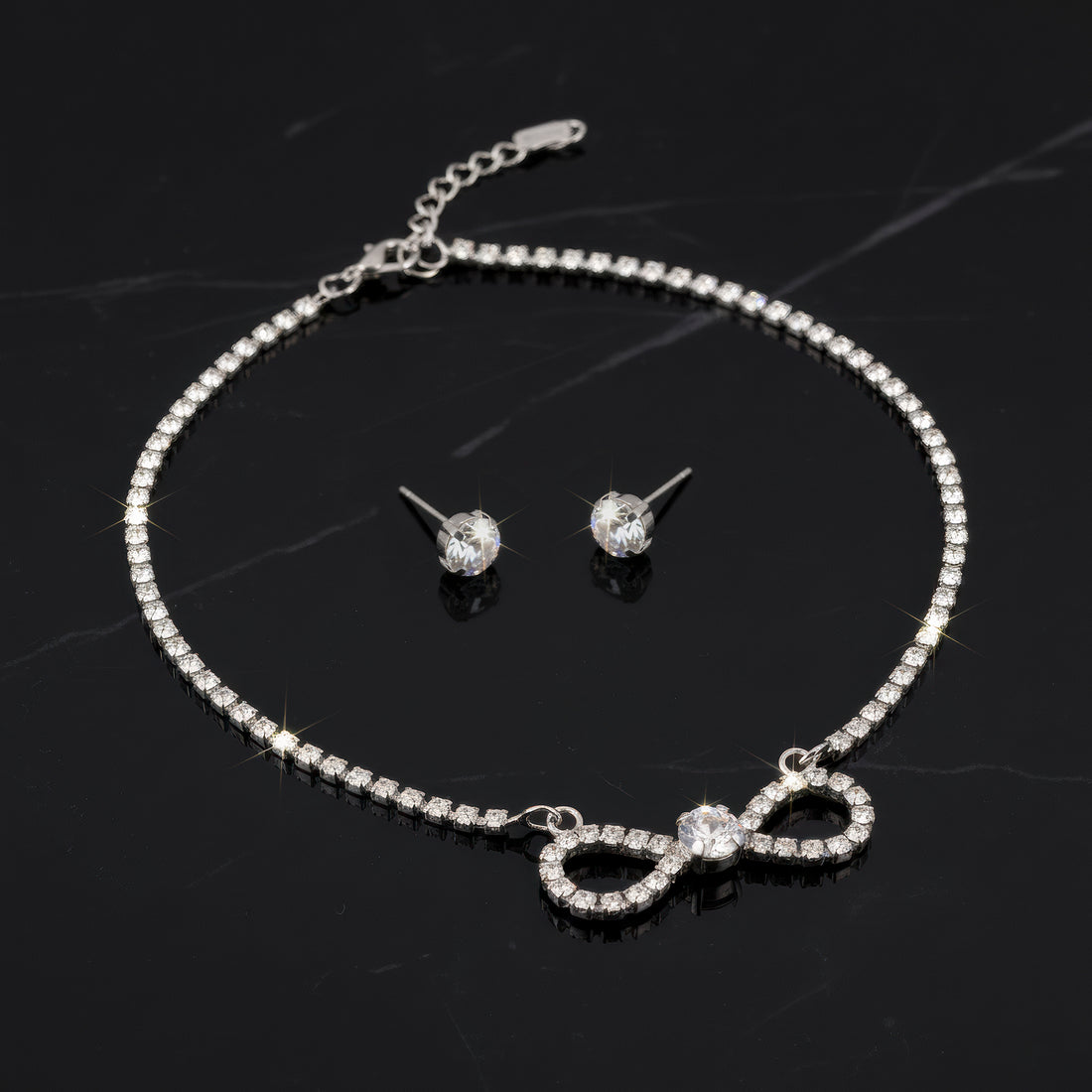 PRAO Anti-Tarnish Infinity Crystal Pendant Necklace Set with Earrings