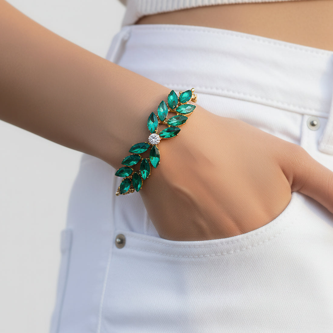 PRAO Bracelet Anti-Tarnish Marquise Leafy Crystals (Adjustable Size)