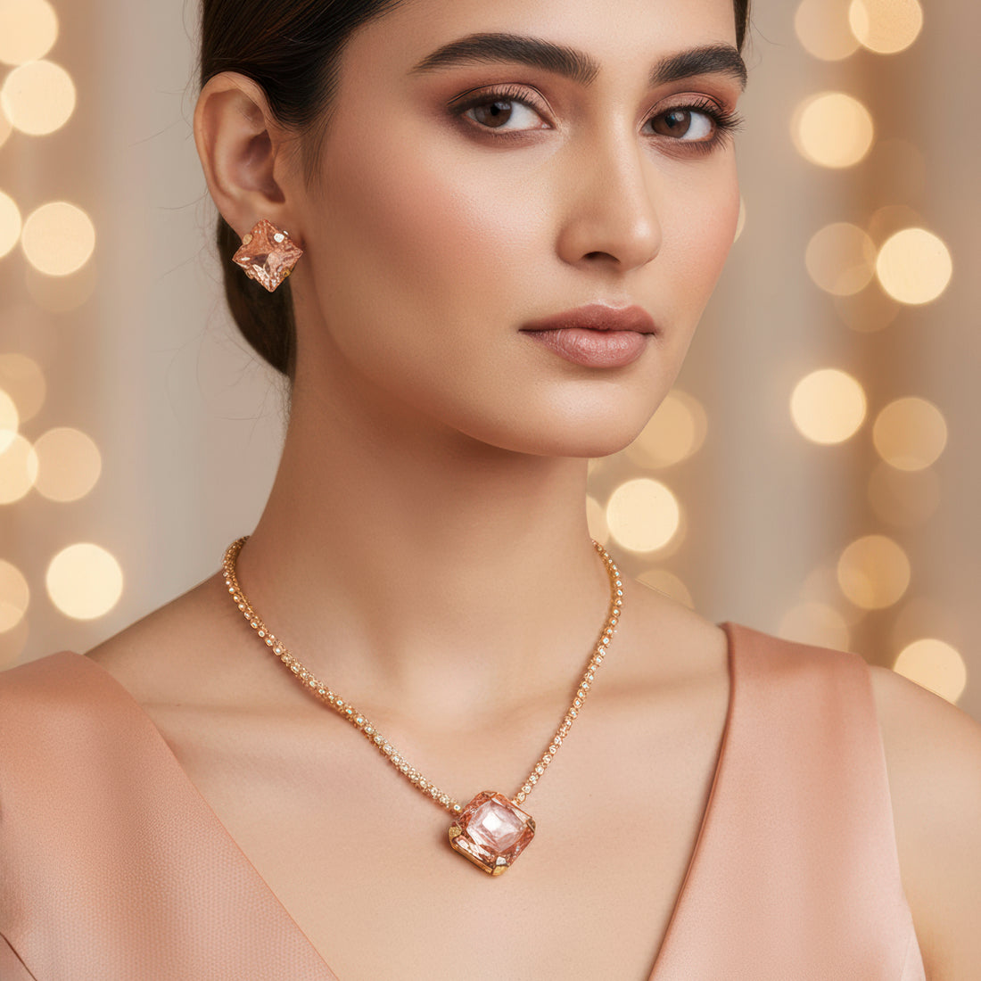 PRAO Necklace Anti-Tarnish Rhinestone Pendant Set With Earrings