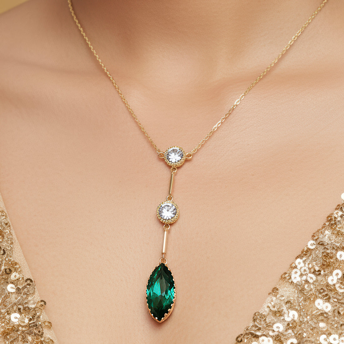 PRAO Anti-Tarnish Marquise Crystal Y-Necklace Set With Earrings