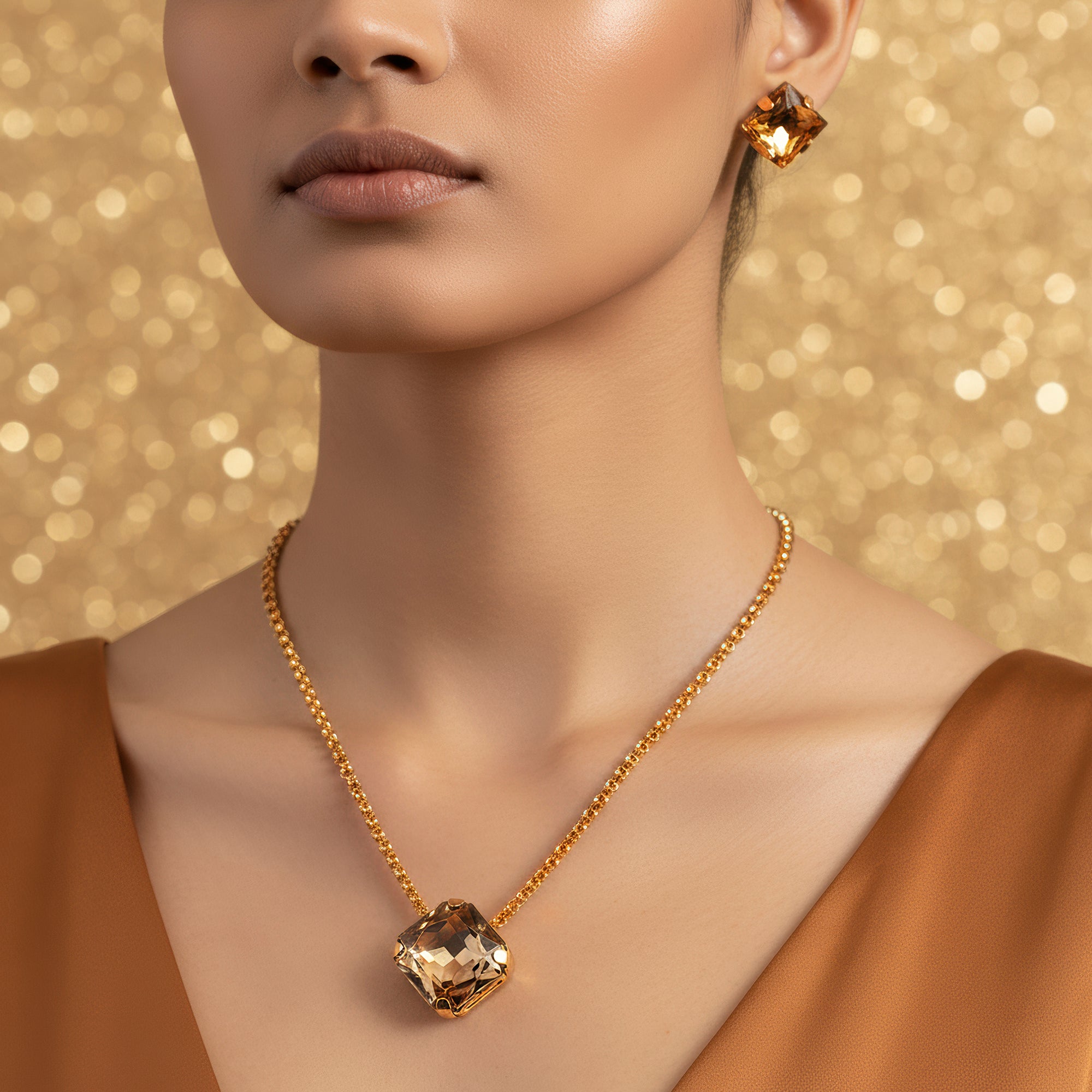 PRAO Anti-Tarnish Rhinestone Chain Pendant Necklace Set With Earrings