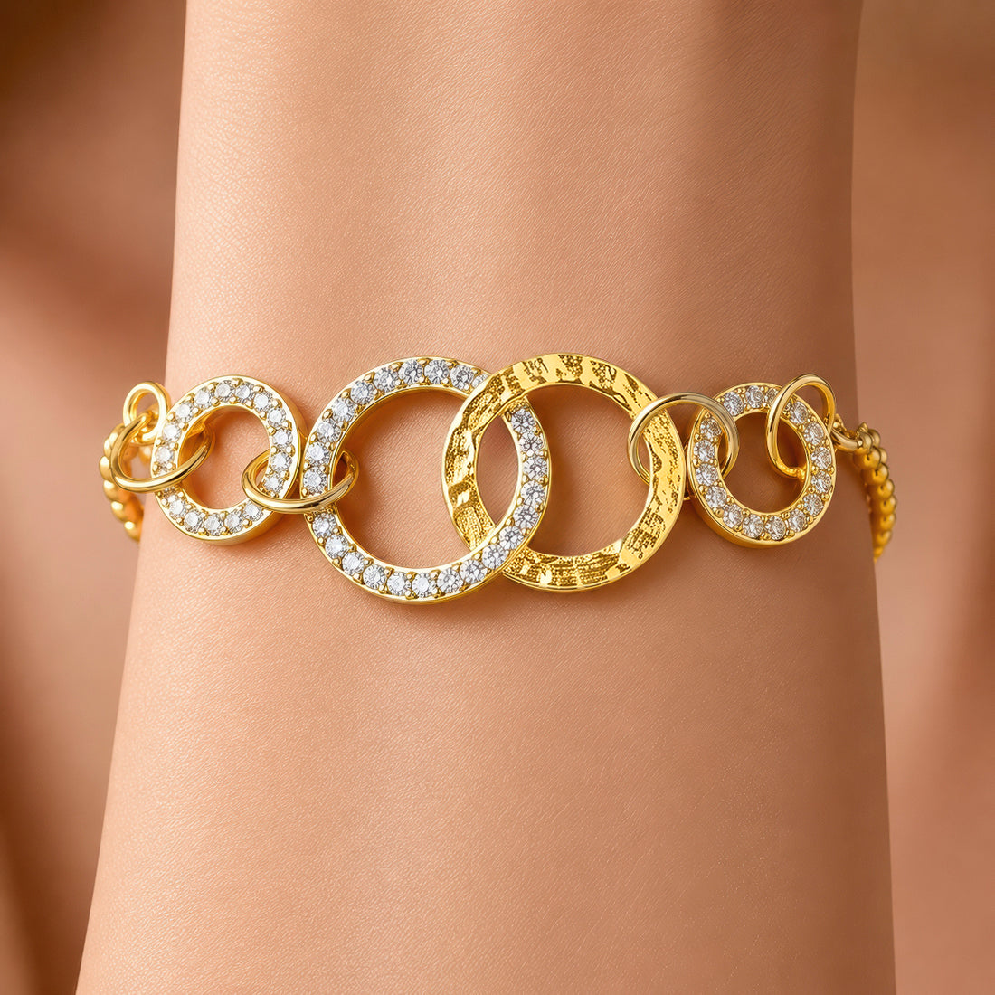 PRAO Bracelet Anti-Tarnish Gold Plated Crystal Circles (Adjustable Size)