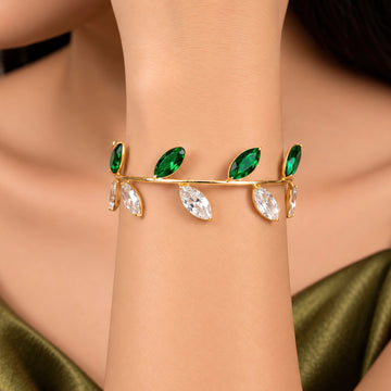 PRAO Bracelet Anti-Tarnish Emerald Crystal Leafy Bangle (Adjustable Size)