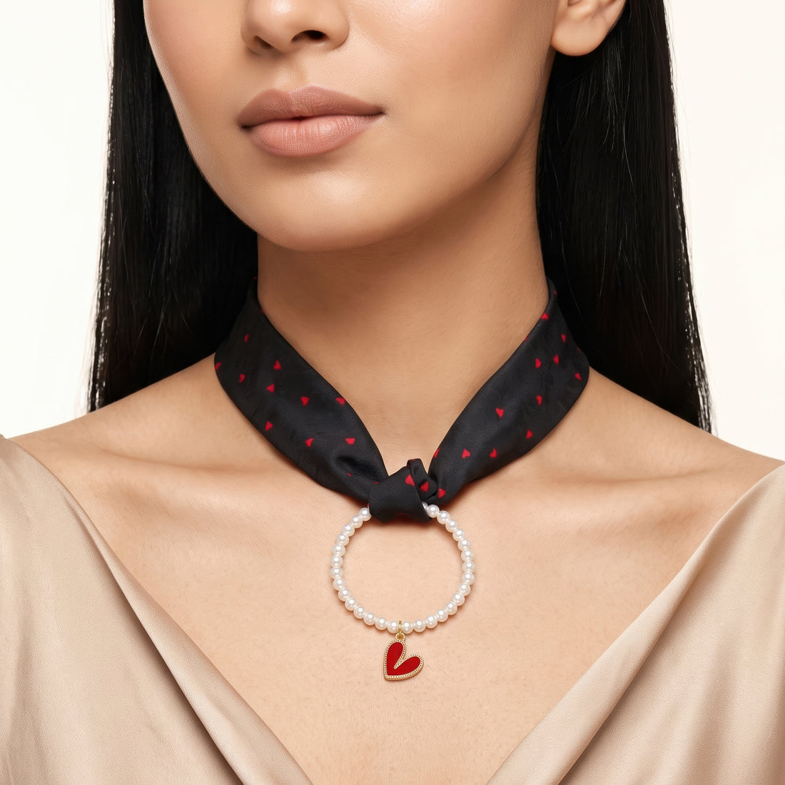 PRAO Necklace Cum Bracelet Anti-Tarnish Black Polka Dot Heart Neck Scarf With Pearl And Red Heart Charm