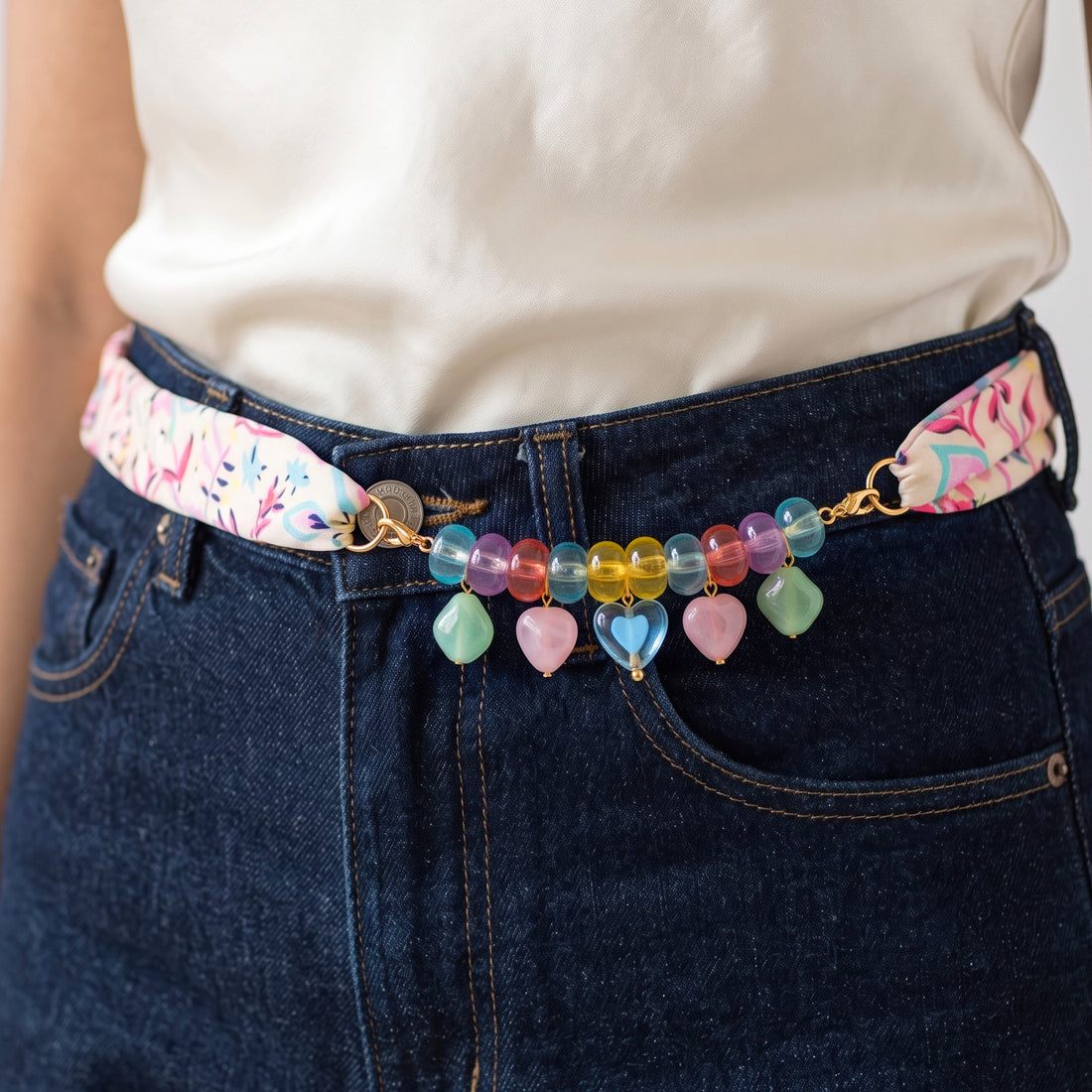PRAO Necklace Cum Belt Multicoloured Beaded Fabric Scarf With Pastel Stone Charms